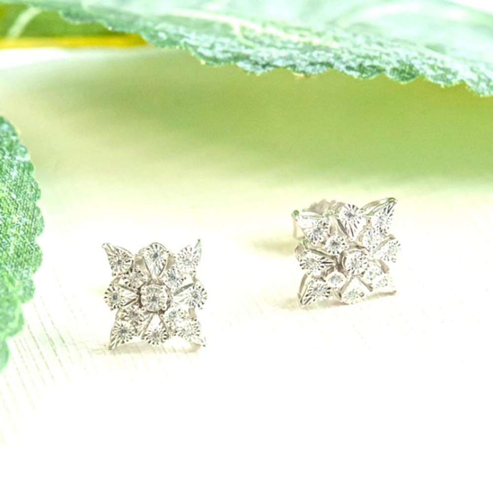 925 Sterling & Diamond Quatrefoil Cluster Shimmering Earrings 1/10 ct.tw - Picture 4 of 6